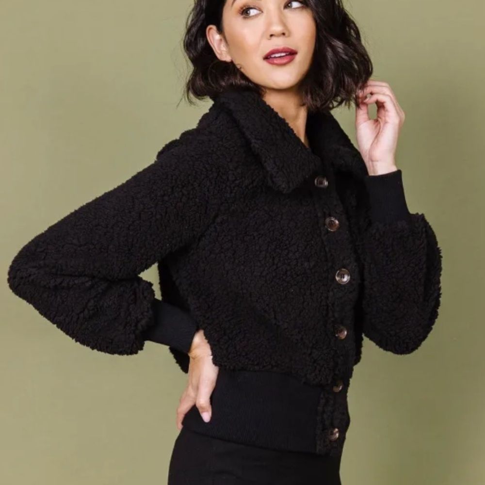 Black Sherpa Button Down Bomber Jacket- HYFVE